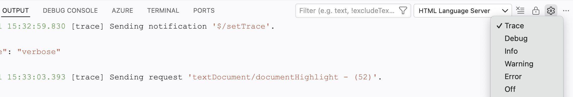 VSCode Output Panel showing JSON-RPC traces
